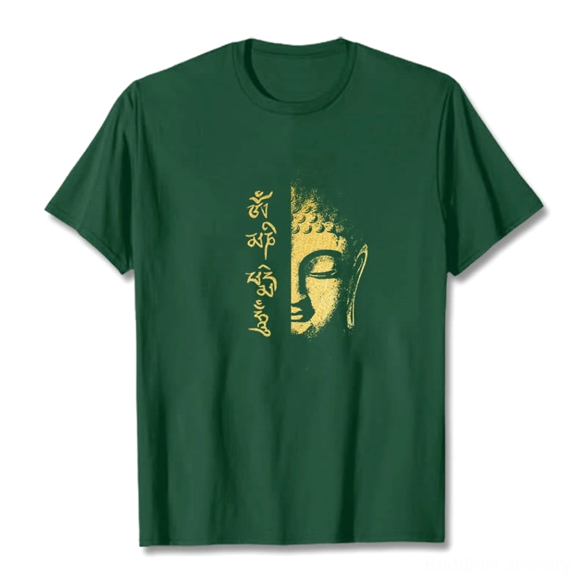 Dark green Om Mani Padme Hum Buddhist cotton t-shirt flat lay with gold Buddha graphic and mantra