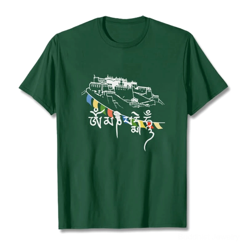 Dark green Om Mani Padme Hum Buddhist t-shirt with sacred palace graphic print, flat lay studio view
