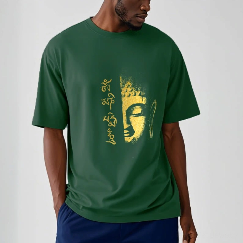 Man wearing dark green Om Mani Padme Hum Buddhist t-shirt with gold sacred Buddha print