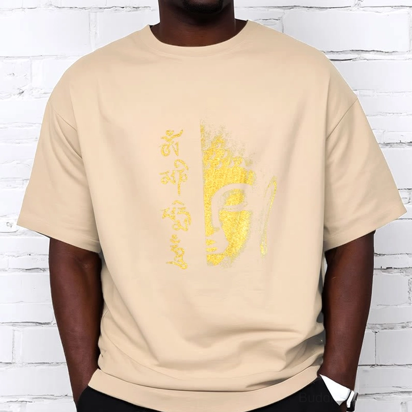 Om Mani Padme Hum Buddhist spiritual t-shirt detail close-up of gold mantra and Buddha graphic print