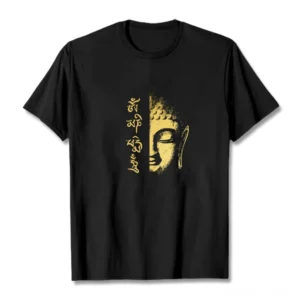 Om Mani Padme Hum Buddhist cotton t-shirt flat lay front view with gold Buddha graphic and mantra print