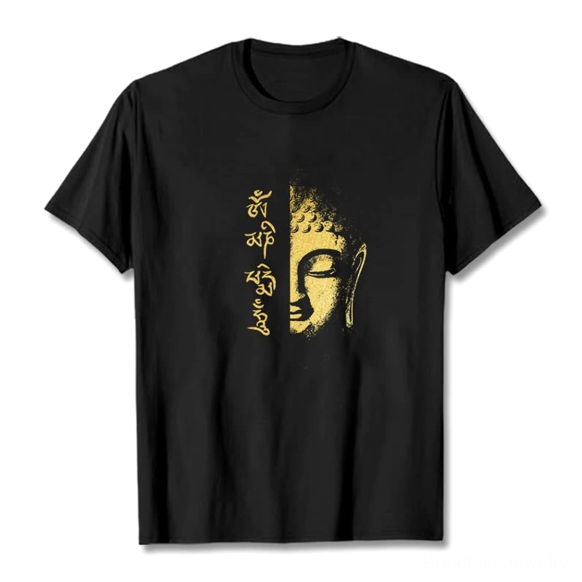 Om Mani Padme Hum Buddhist cotton t-shirt flat lay front view with gold Buddha graphic and mantra print