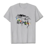 Heather grey Om Mani Padme Hum Buddhist t-shirt with sacred palace and prayer flags print, flat lay front view