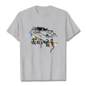 Heather grey Om Mani Padme Hum Buddhist t-shirt with sacred palace and prayer flags print, flat lay front view
