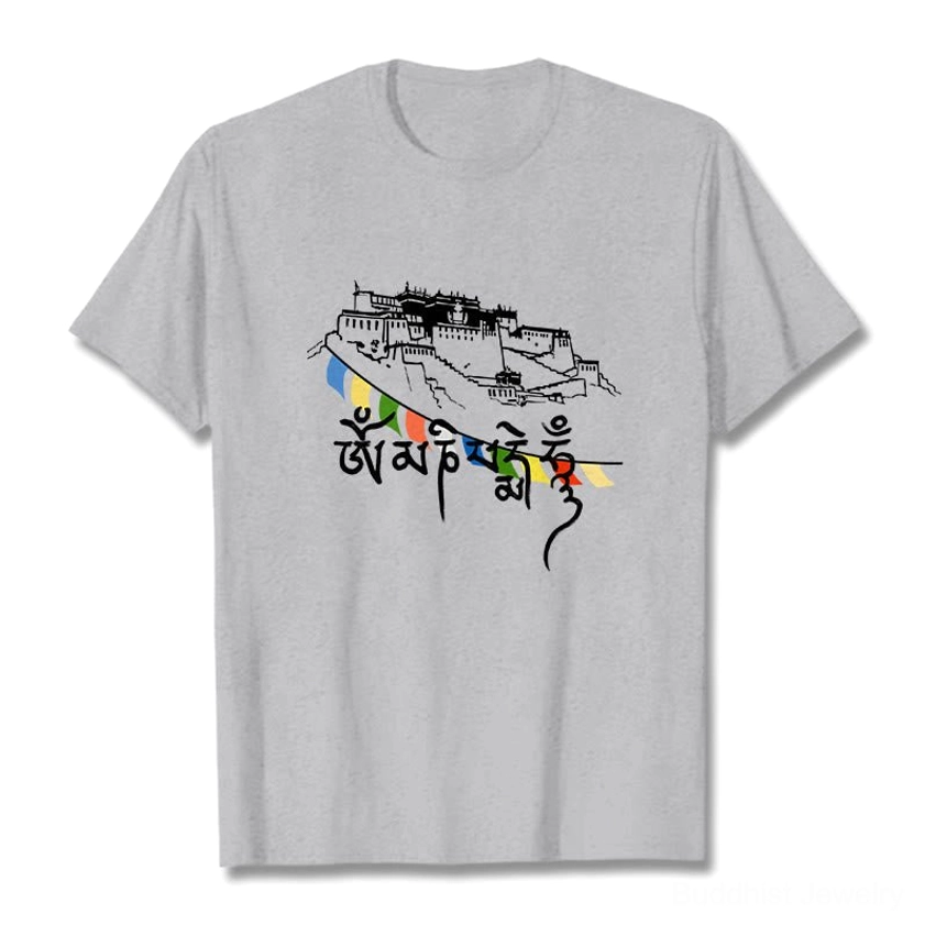 Heather grey Om Mani Padme Hum Buddhist t-shirt with sacred palace and prayer flags print, flat lay front view