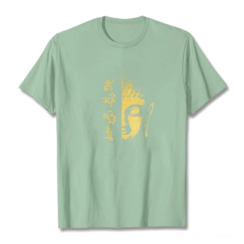 Om Mani Padme Hum Buddhist spiritual t-shirt lifestyle shot featuring comfortable unisex fit