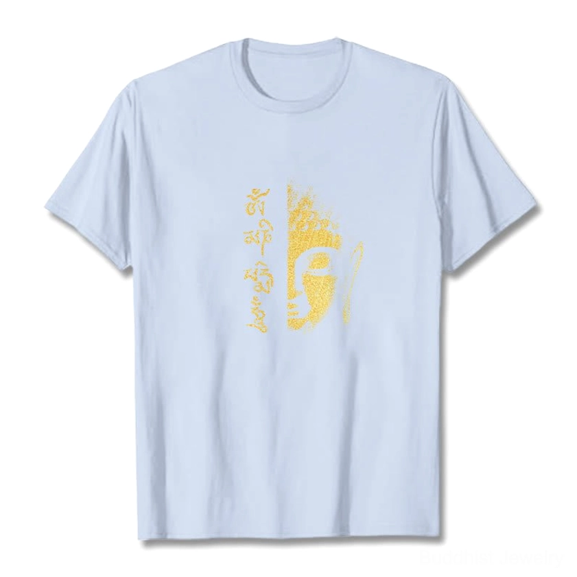 Light blue Om Mani Padme Hum Buddhist graphic t-shirt flat lay with gold Buddha face design