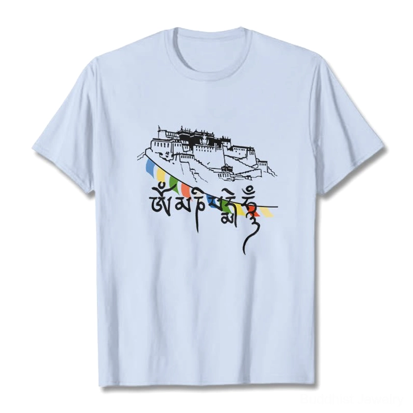 Light blue Buddhist t-shirt featuring Om Mani Padme Hum mantra and sacred palace imagery, soft fabric flat lay front view