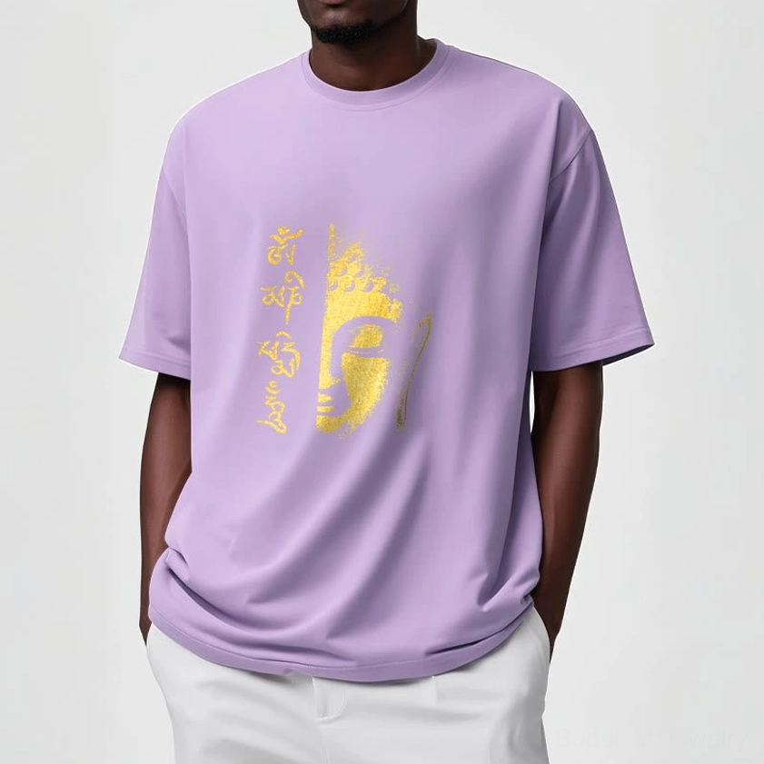 Light grey Om Mani Padme Hum Buddhist t-shirt with gold Buddha mantra print and lotus design