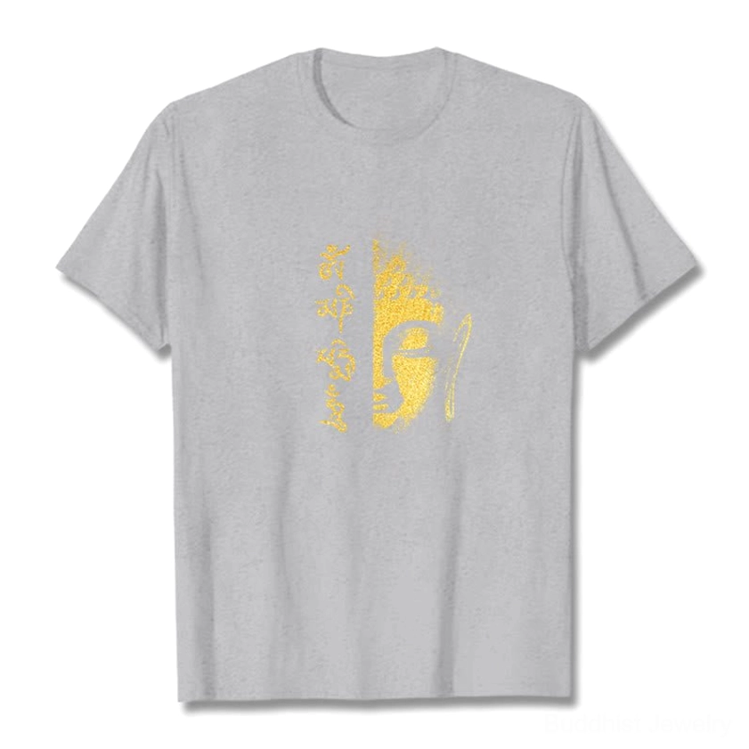 Light grey Om Mani Padme Hum Buddhist cotton t-shirt worn by model showing comfortable unisex fit