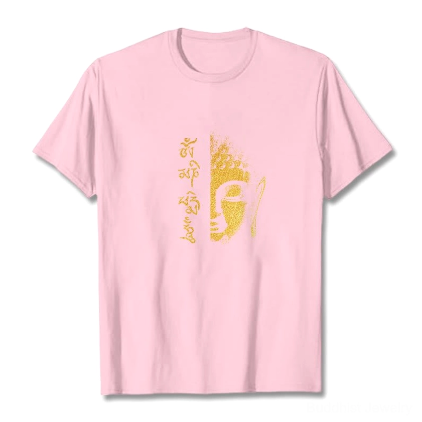 Light pink Om Mani Padme Hum Buddhist graphic t-shirt flat lay with gold sacred Buddha and script