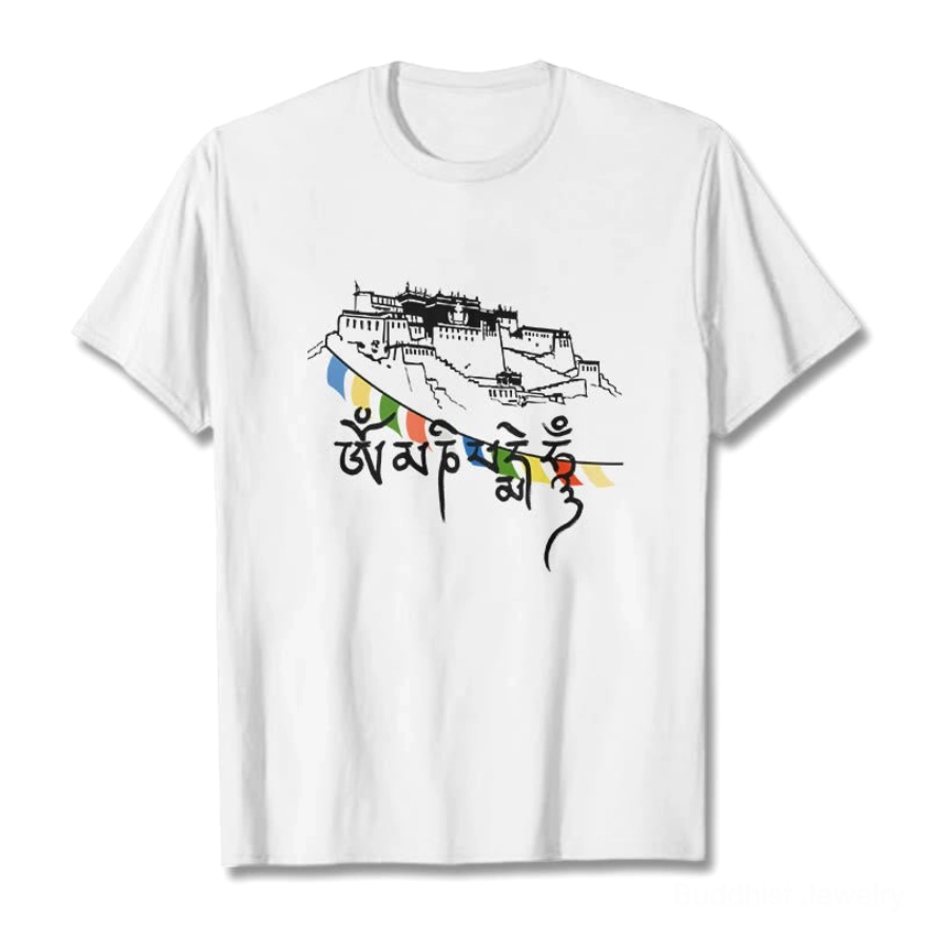 Light pink Buddhist t-shirt with Om Mani Padme Hum sacred mantra and prayer flags print, premium cotton fabric