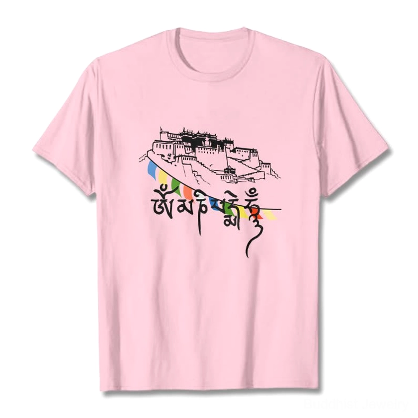 Light pink Om Mani Padme Hum Buddhist cotton t-shirt featuring sacred palace and prayer flags graphic print