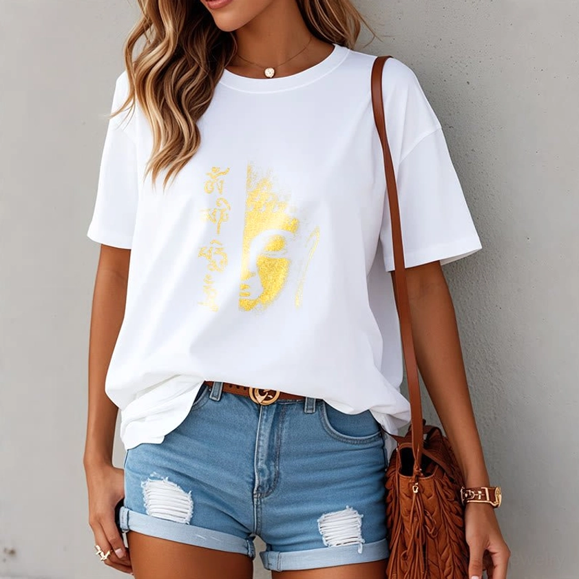 Light pink Om Mani Padme Hum Buddhist cotton t-shirt with gold Buddha face and sacred Sanskrit