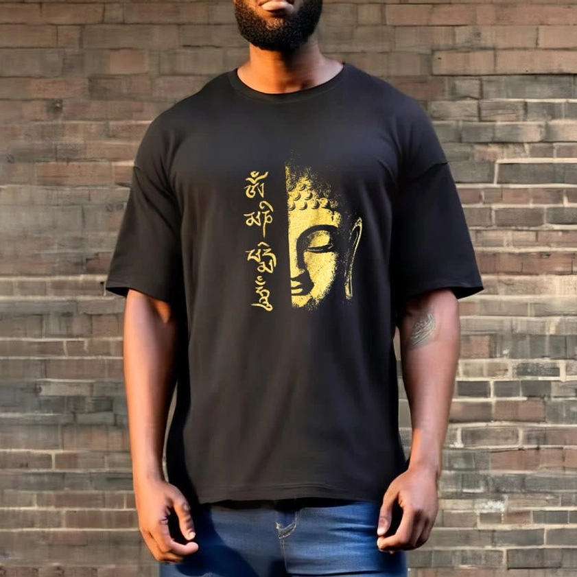 Men wearing Buddhist Om Mani Padme Hum cotton t-shirt with gold Buddha face and sacred script design