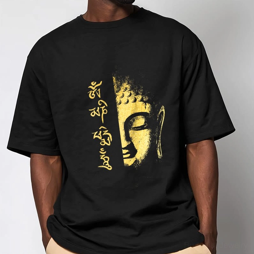 Men's Om Mani Padme Hum Buddhist graphic t-shirt torso view with gold sacred mantra and Buddha print