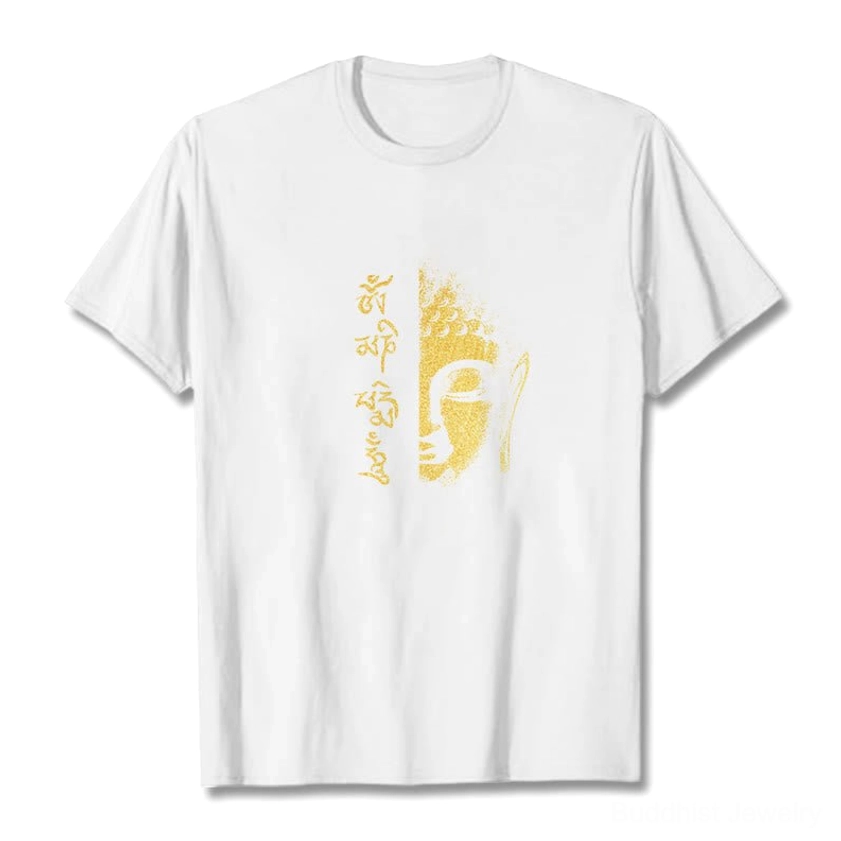 Om Mani Padme Hum Buddhist graphic t-shirt in neutral tone with sacred gold Buddha and mantra design