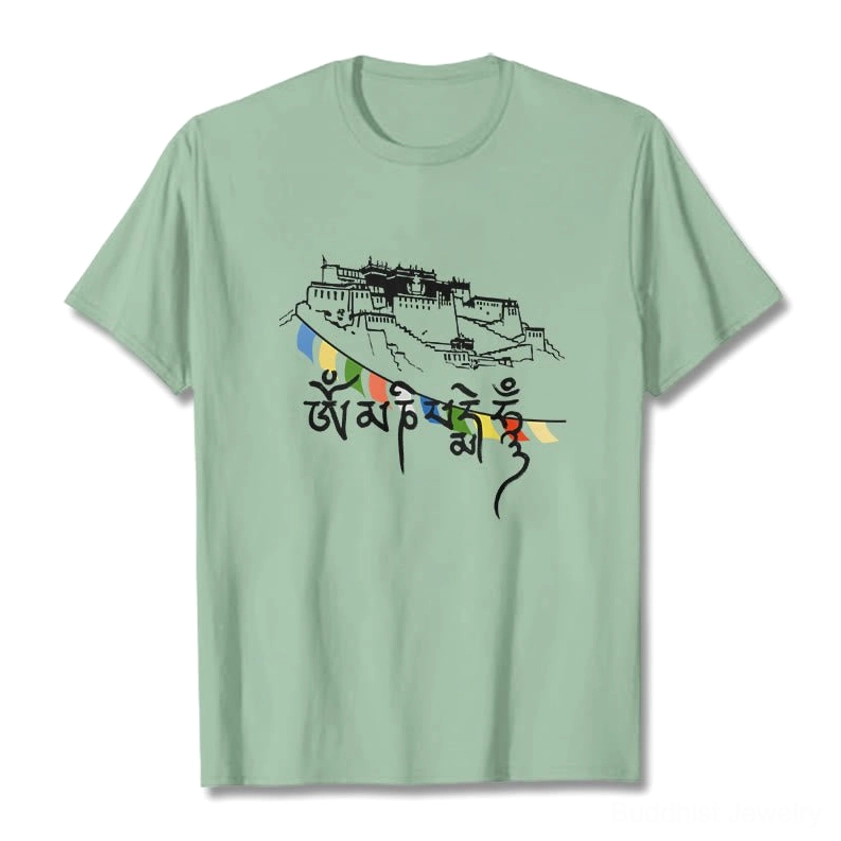 Light pink Om Mani Padme Hum Buddhist t-shirt showing fabric quality and comfortable regular fit unisex design