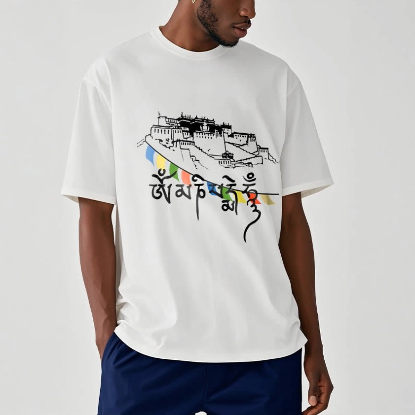 Plum colored Buddhist t-shirt featuring sacred palace architecture and Om Mani Padme Hum mantra graphic design