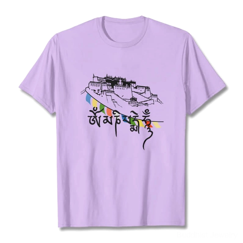 Plum Buddhist t-shirt with Om Mani Padme Hum design and prayer flags, studio flat lay front display