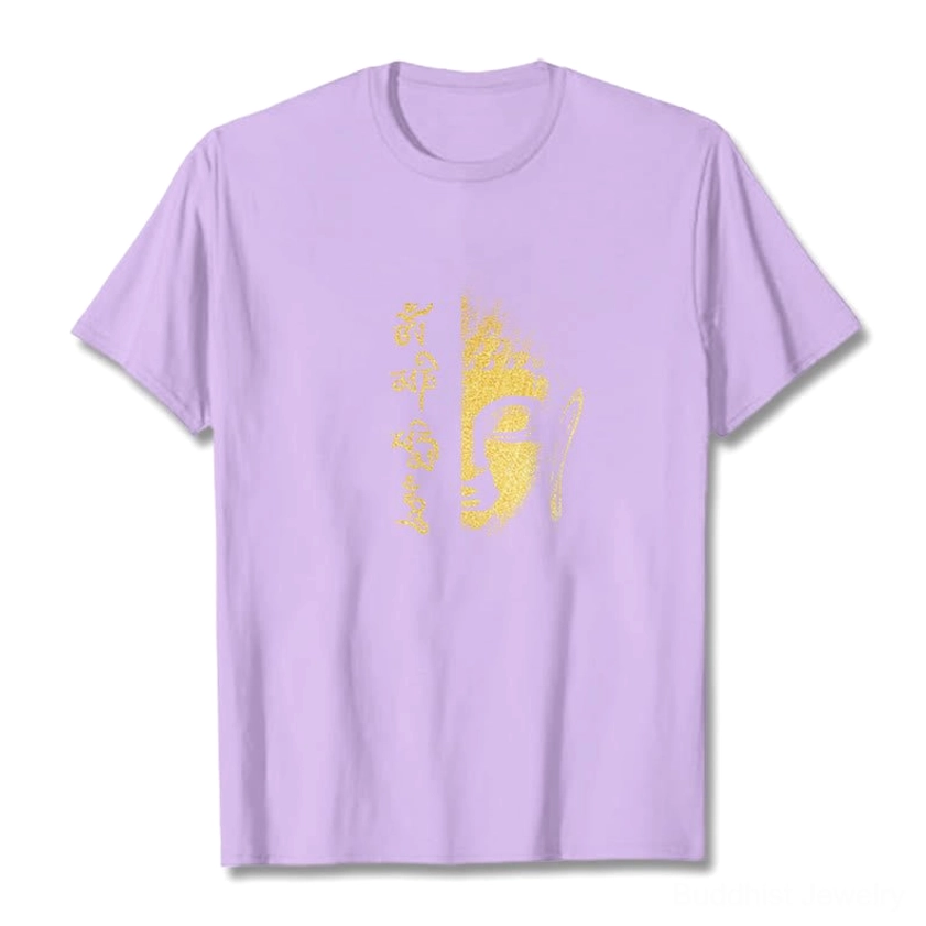 Om Mani Padme Hum Buddhist graphic t-shirt color swatch showing print quality and fabric texture