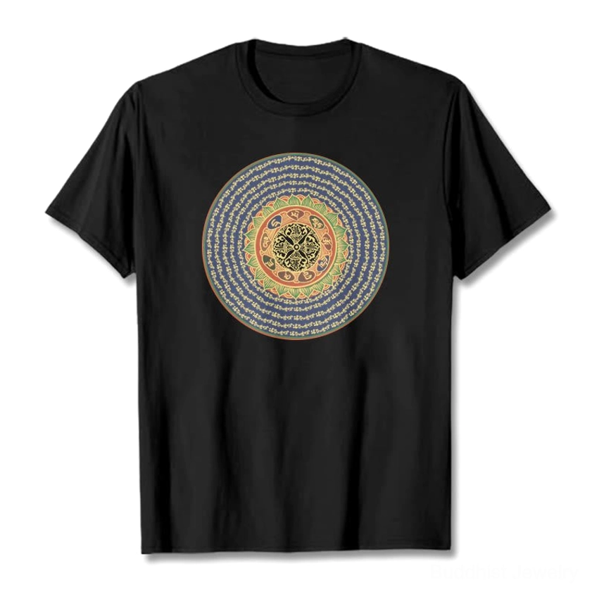 Om Mani Padme Hum 108 mantra buddhist t-shirt black flat lay front view colorful sacred design