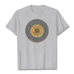 Om Mani Padme Hum 108 mantra buddhist t-shirt gray flat lay showing front design with colorful mandala print
