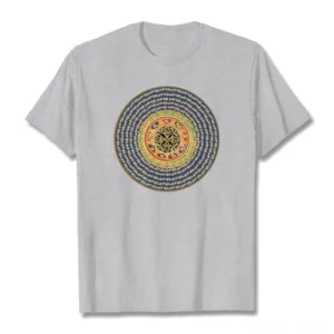 Om Mani Padme Hum 108 mantra buddhist t-shirt gray flat lay showing front design with colorful mandala print