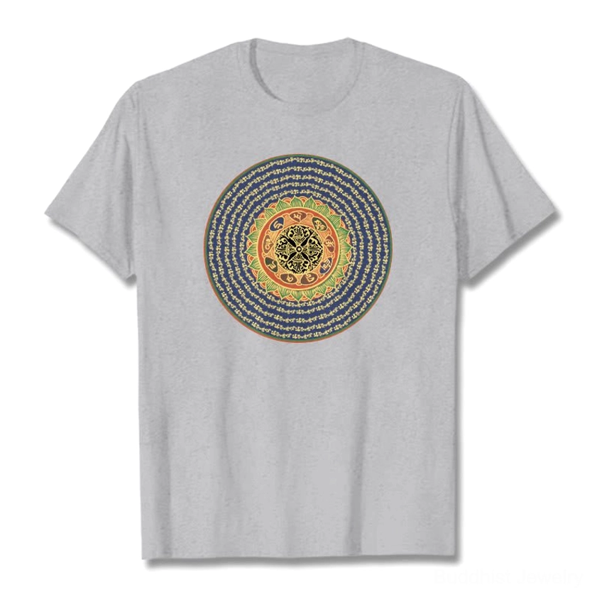 Om Mani Padme Hum 108 mantra buddhist t-shirt gray flat lay showing front design with colorful mandala print