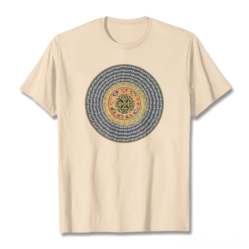 Om Mani Padme Hum 108 mantra buddhist t-shirt navy color flat lay product photography