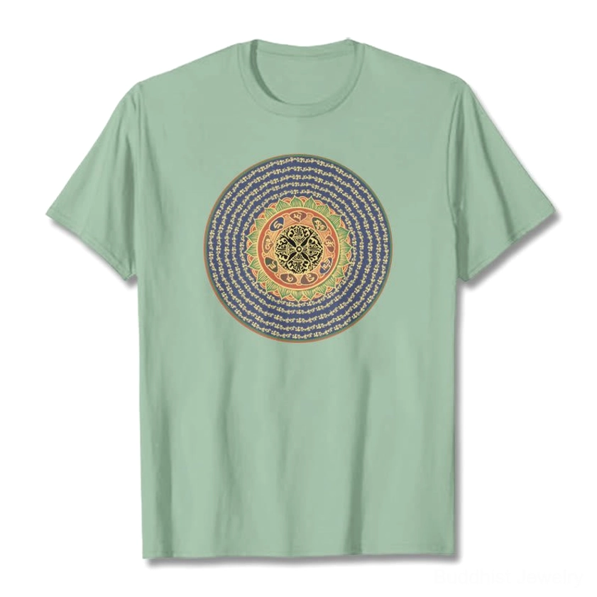 Om Mani Padme Hum 108 mantra buddhist t-shirt pale green flat display front mandala print