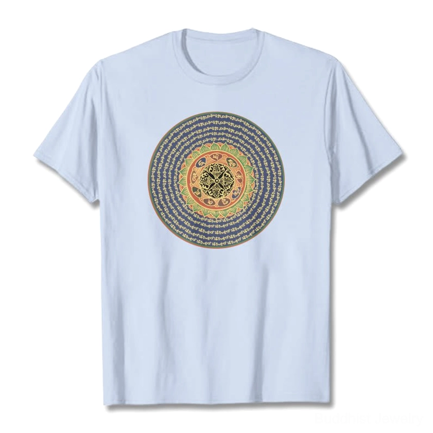 Om Mani Padme Hum 108 mantra buddhist t-shirt light green flat display front design print