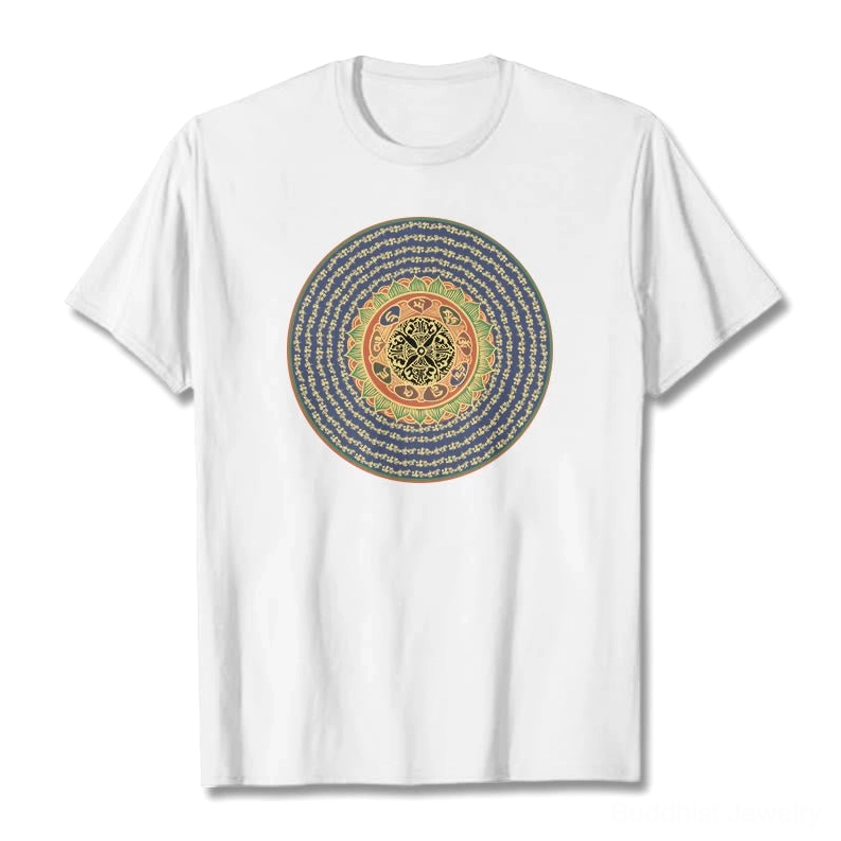 Om Mani Padme Hum 108 mantra buddhist t-shirt white flat lay display front view with sacred text print