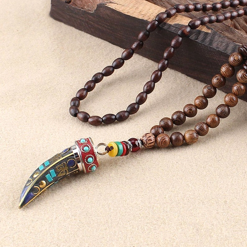 Om mani padme hum wooden necklace variant with mantra carving detail