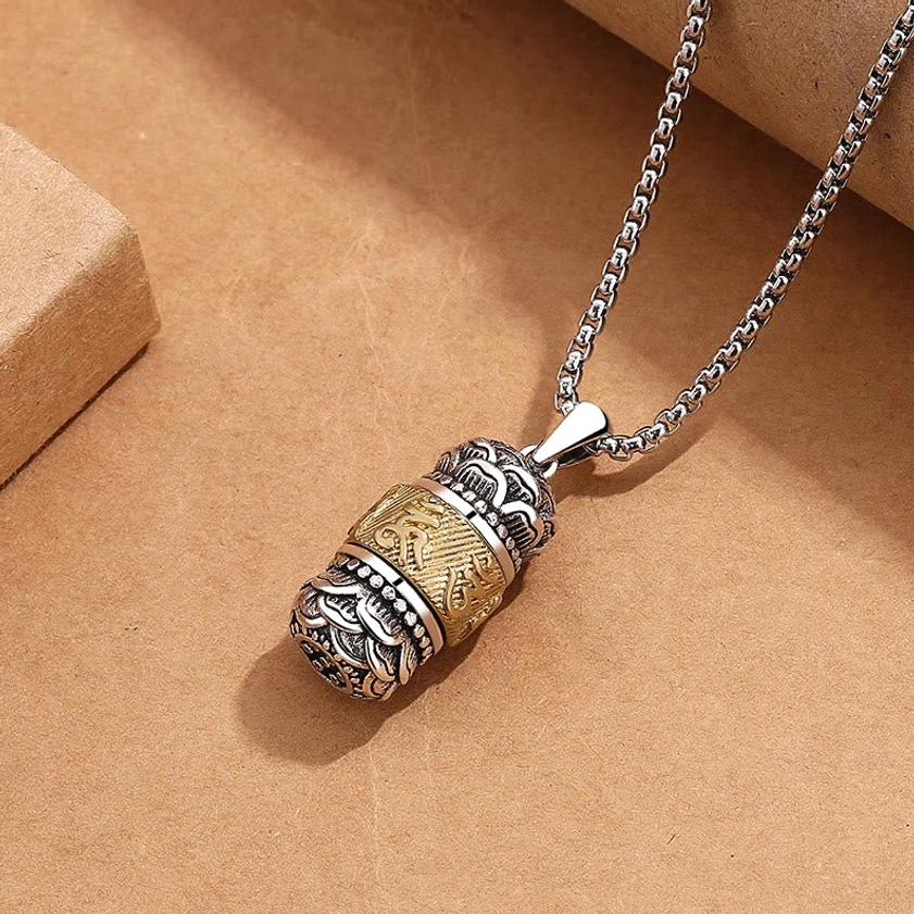 Buddhist necklace pendant with square link chain - vintage two-tone copper with raised Sanskrit carving