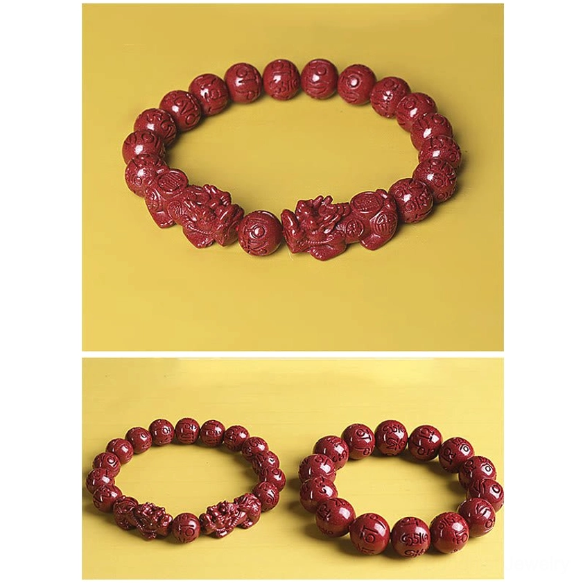 Om mani padme hum cinnabar bracelet with carved Pixiu for spiritual practice