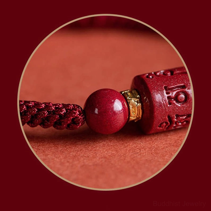 Om Mani Padme Hum cinnabar Buddhist string bracelet with protective red cord and natural gemstone beads for spiritual practice