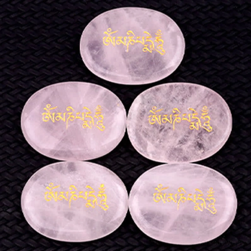 Clear quartz Om Mani Padme Hum palm stone with Buddhist mantra text