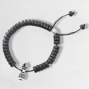 Om Mani Padme Hum coconut shell Buddhist bracelet with silver charm beads and adjustable elastic string