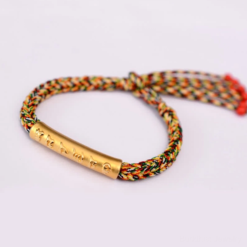 Om mani padme hum colorful string bracelet 999 sterling silver gold plated with multicolor silk cord for spiritual practice