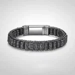 Om Mani Padme Hum copper Buddhist bracelet with engraved mantra text and magnetic buckle, front view on light background