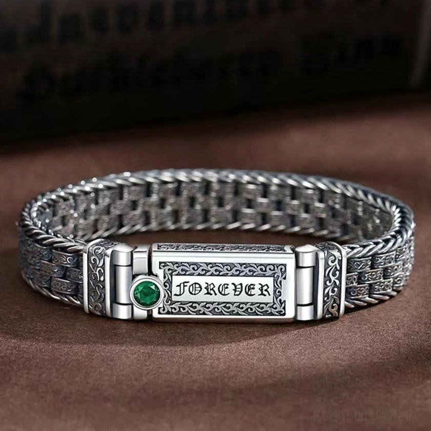 Om Mani Padme Hum copper bracelet with Tang Dynasty flower design, top view showing engraved mantra and floral details