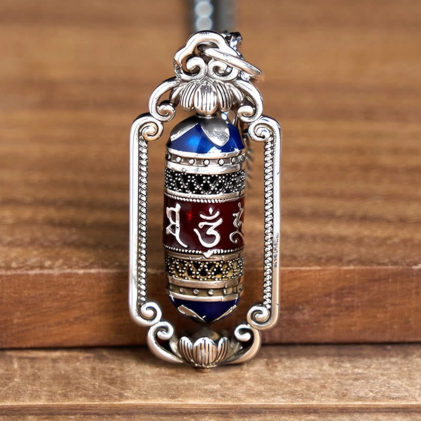 Om Mani Padme Hum Buddhist necklace pendant detail showing craftsmanship and copper material quality