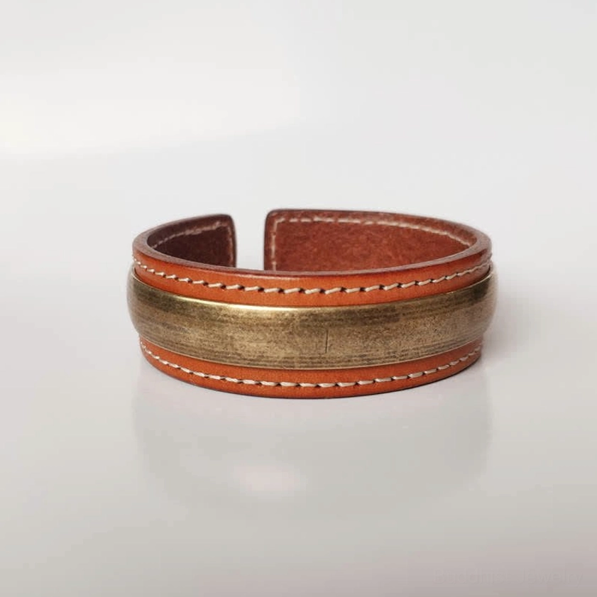 Om Mani Padme Hum brass leather cuff bracelet bangle front view