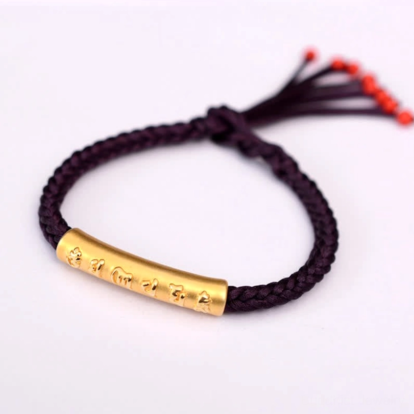 Sterling silver om mani padme hum dark purple string bracelet gold plated option with adjustable fit for daily wear