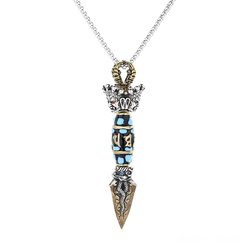 Sacred Om Mani Padme Hum Buddhist pendant necklace displayed on chain, intricate silver dorje vajra carving with turquoise mantra tube inlay
