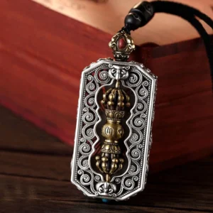Om Mani Padme Hum carved dorje vajra rotatable lotus pendant necklace dual-tone copper with intricate scroll patterns