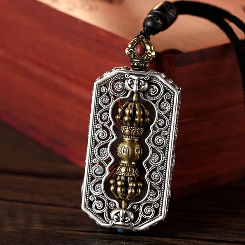 Om Mani Padme Hum carved dorje vajra rotatable lotus pendant necklace dual-tone copper with intricate scroll patterns
