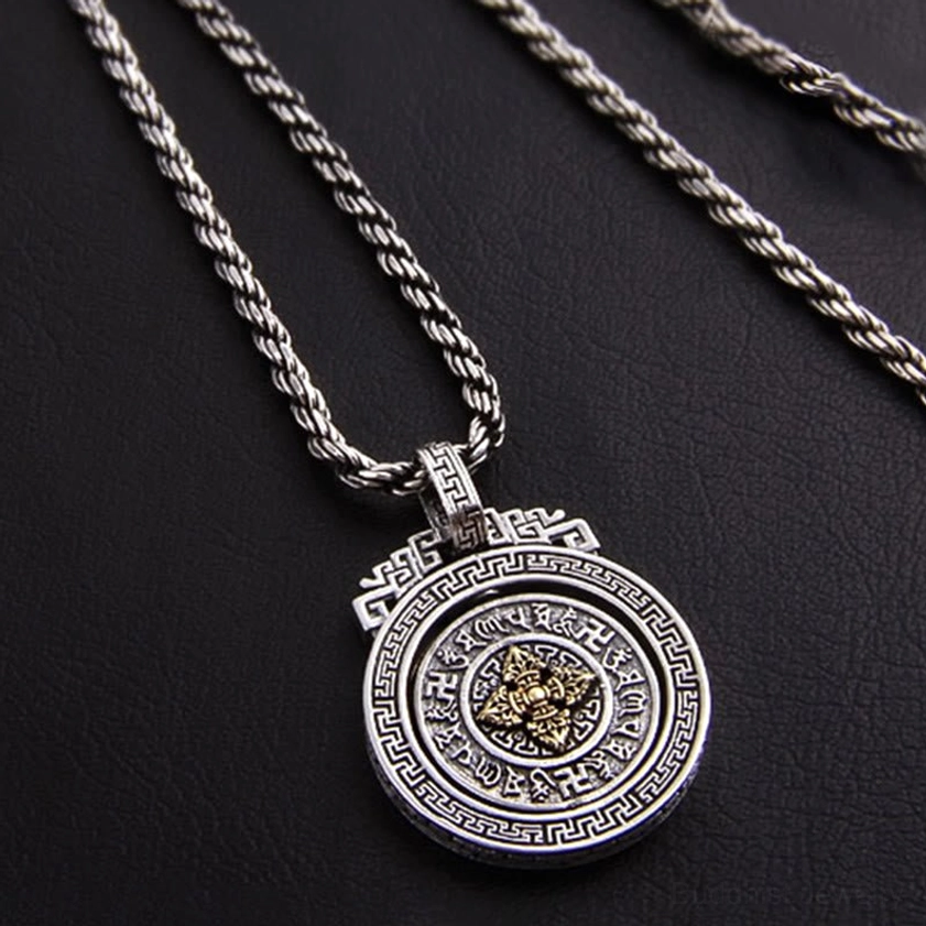 Om Mani Padme Hum double vajra Buddhist necklace pendant with wrathful deity and engraved border design