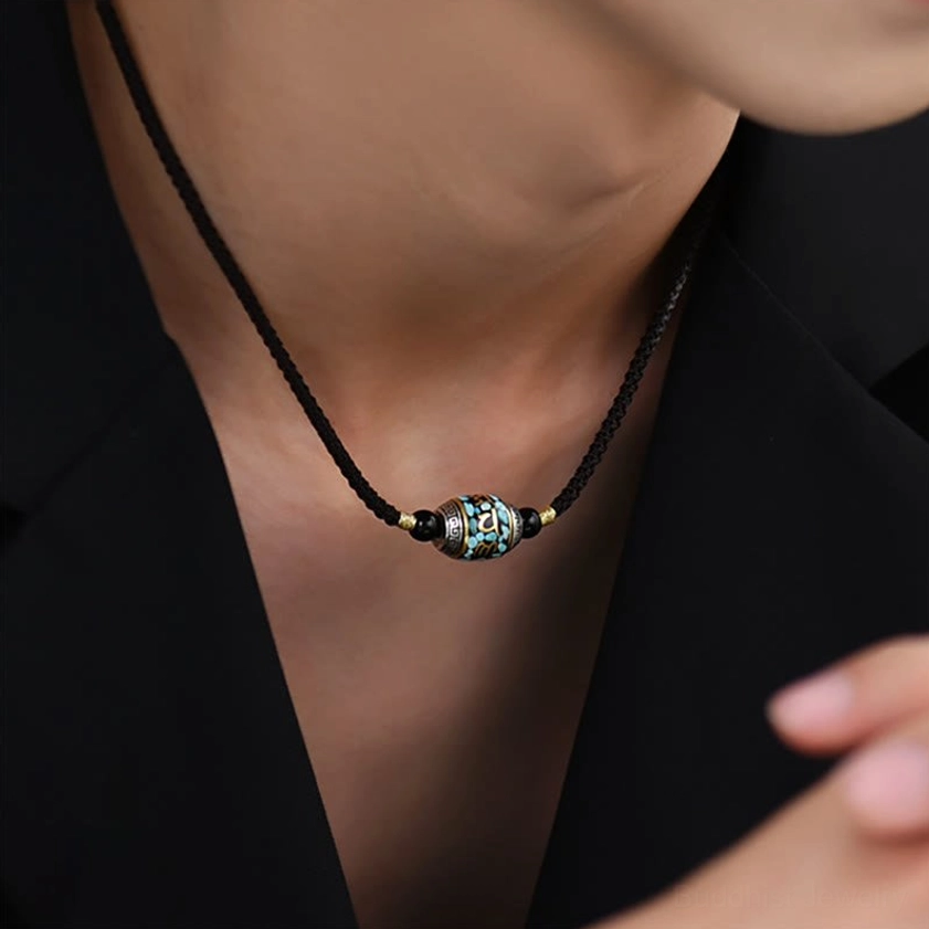 Buddhist Om Mani Padme Hum Dzi Bead necklace worn on model for daily spiritual wear